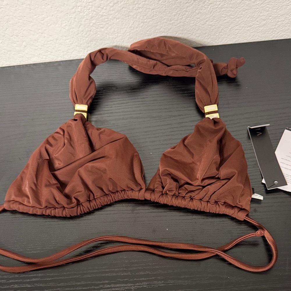 Vix by Paula Hermanny Brown Halter Bikini Top solid tube Large